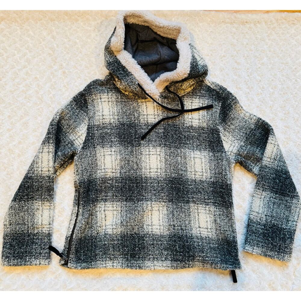 dylan LA Womens Black Gray Buffalo Plaid Cotton Side Zip Hoodie Jacket Sz Small